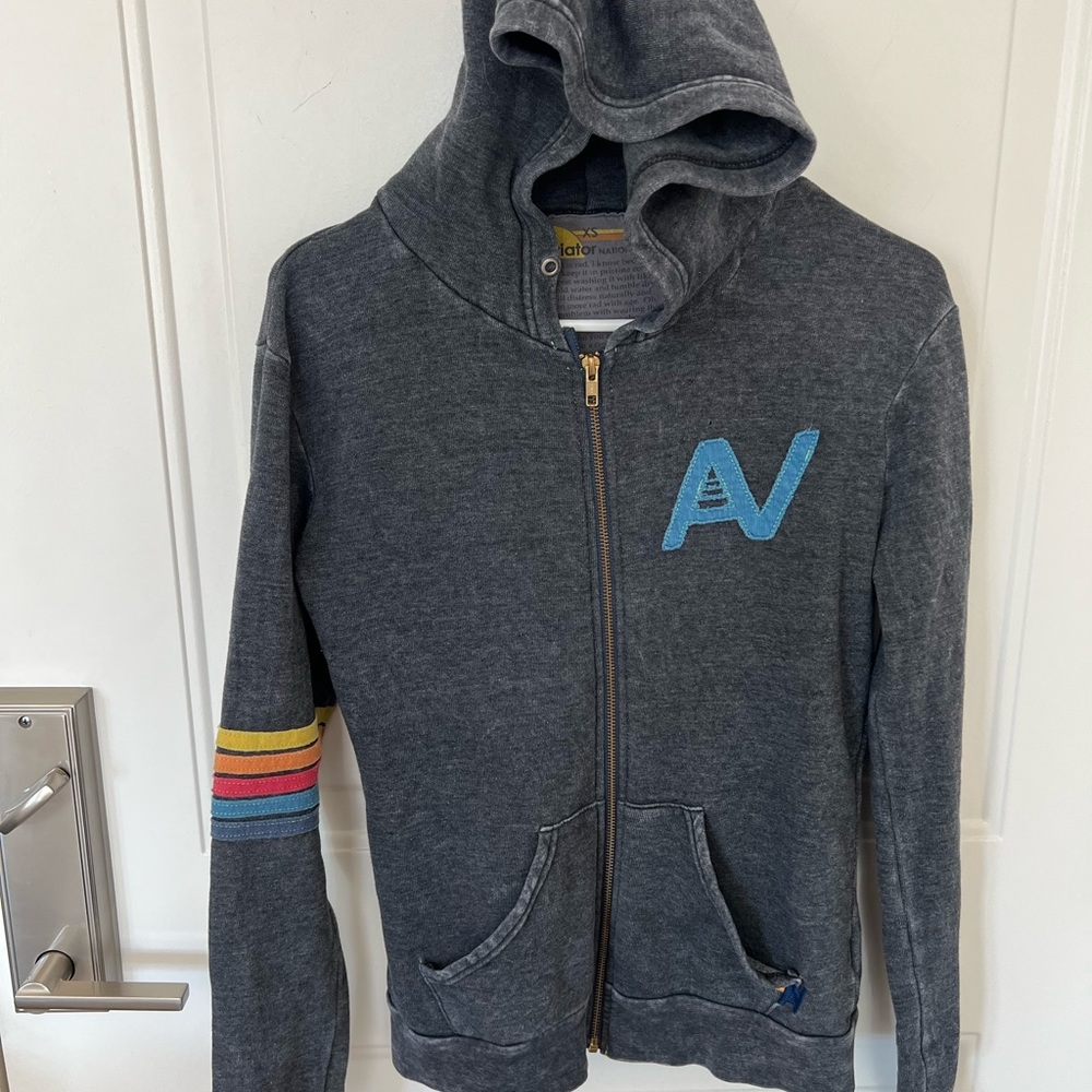 Aviator Nation 5 Stripe zip front hoodie sweat shirt, Vintage